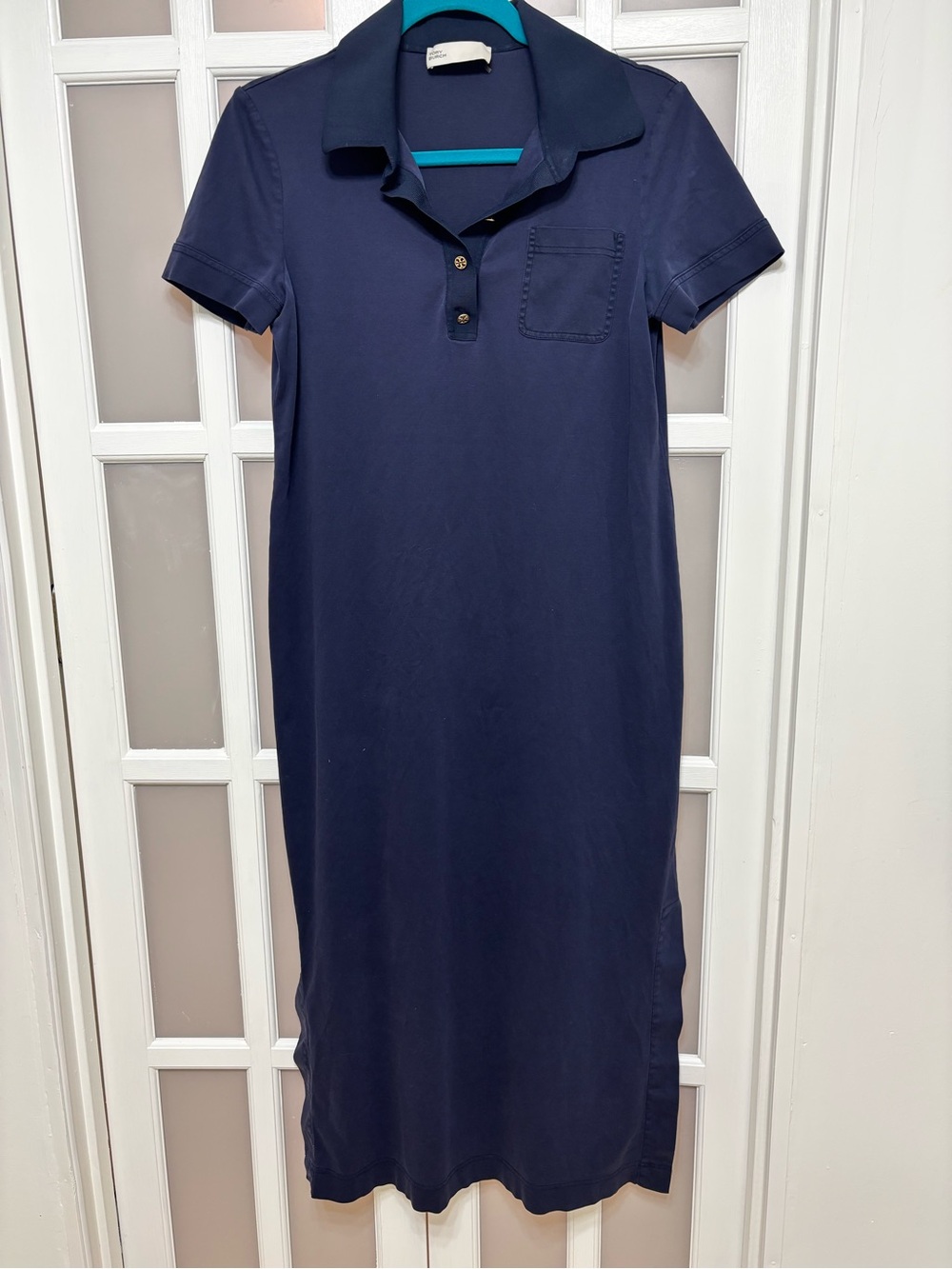 TORY BURCH NAVY BLUE POLO MAXI DRESS SIZE M LOGO BUTTON POCKET SIDE SLIT
